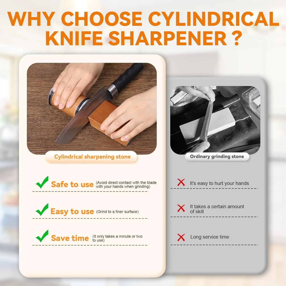 Hands sharpening a knife with the rolling sharpener