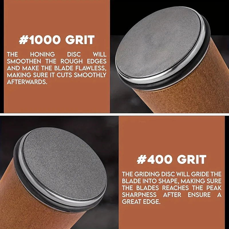 Close-up of the rolling sharpener's sharpening and honing sides