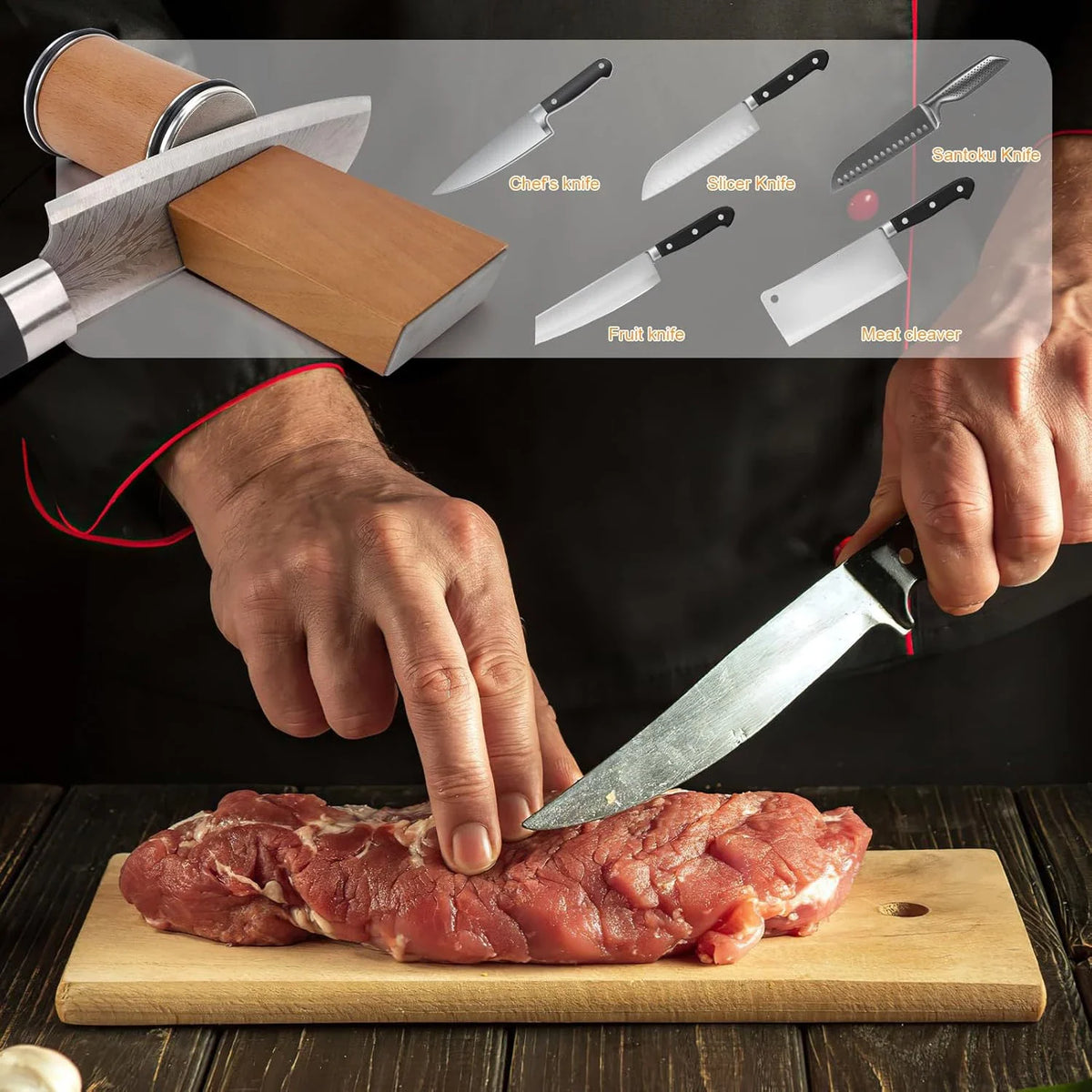 Freshly sharpened chef's knife slicing raw steak