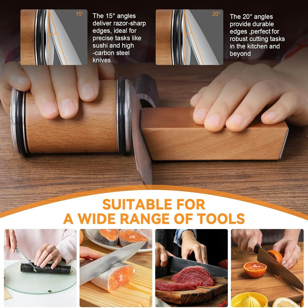 Rolling the sharpener along a knife held at a fixed angle
